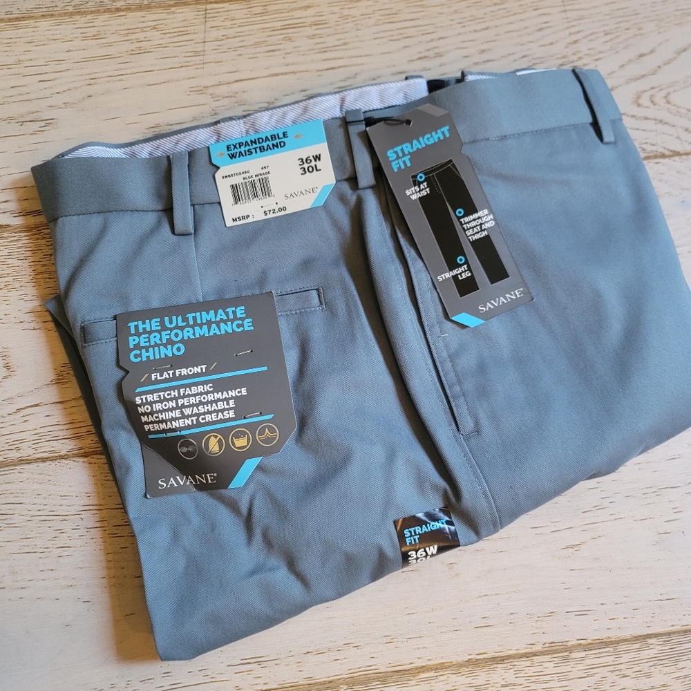SAVANE Ultimate Performance Chino Flat Front Straight Fit Pants 36W/30L NWT